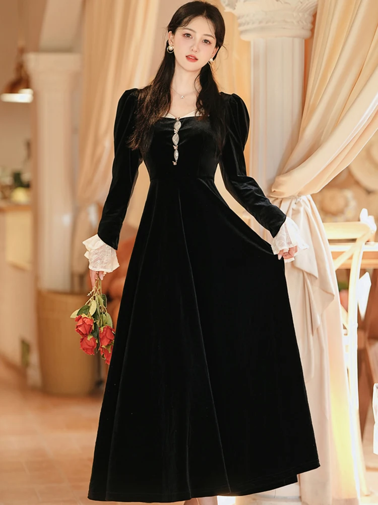 Black Velvet Diamonds Lace Square Collar Women's Dress Autumn Winter Luxury Bodycon Maxi Dress 2025 Korean Vintage Evening Dress