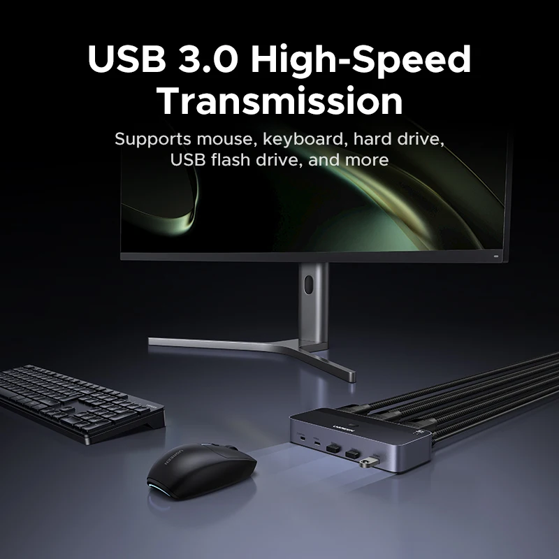 UGREEN DP KVM Switch 2 شاشات 2 قطعة 8K 60 هرتز USB 3.0 مشاركة لوحة المفاتيح ماوس مراقب مع HDR ثلاثية الأبعاد للطابعة المكتبية المحمول