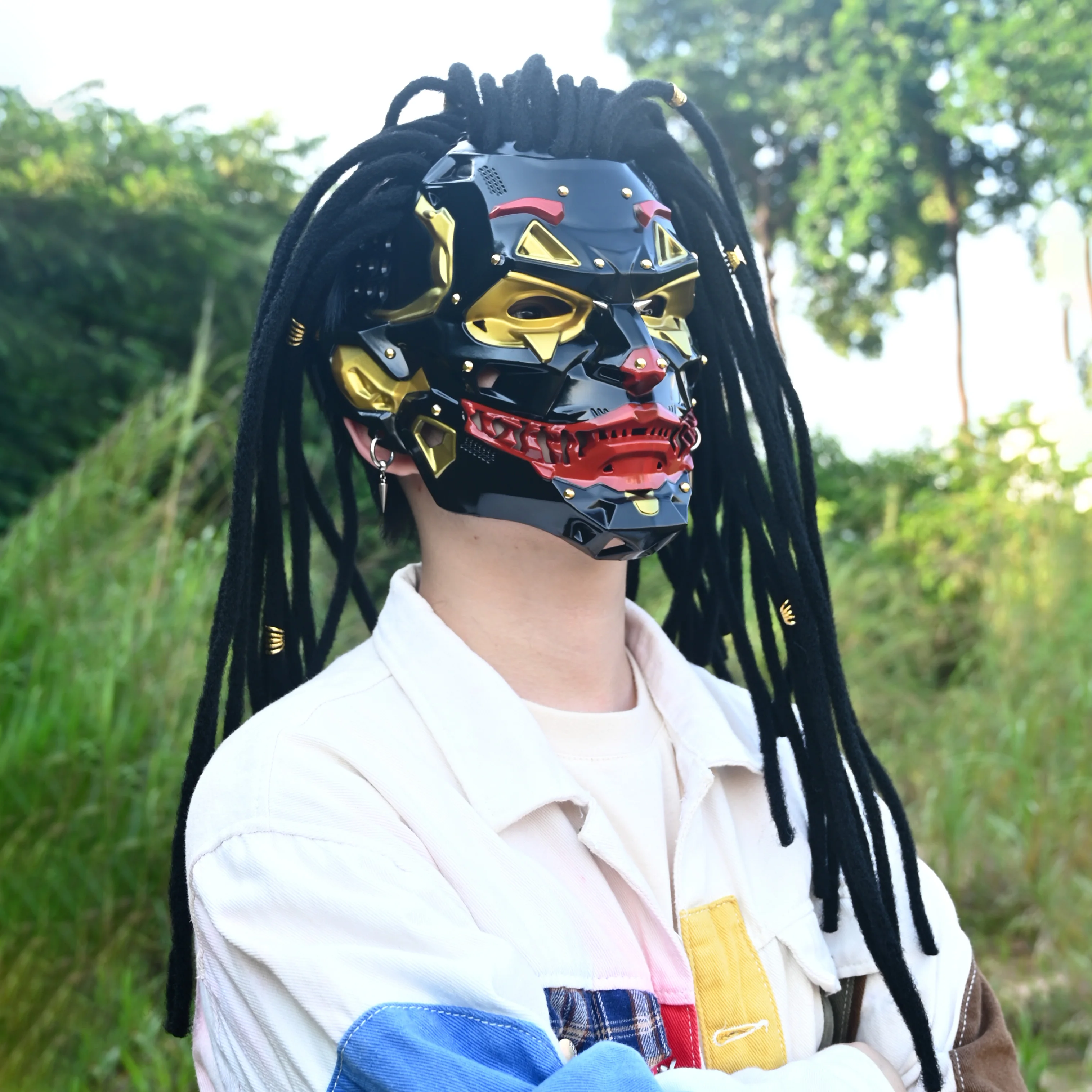 Mechanical Clown Full Face Mask with Dreadlocks Punk Rivet Mask Halloween Cosplay Masquerade Costume Prop