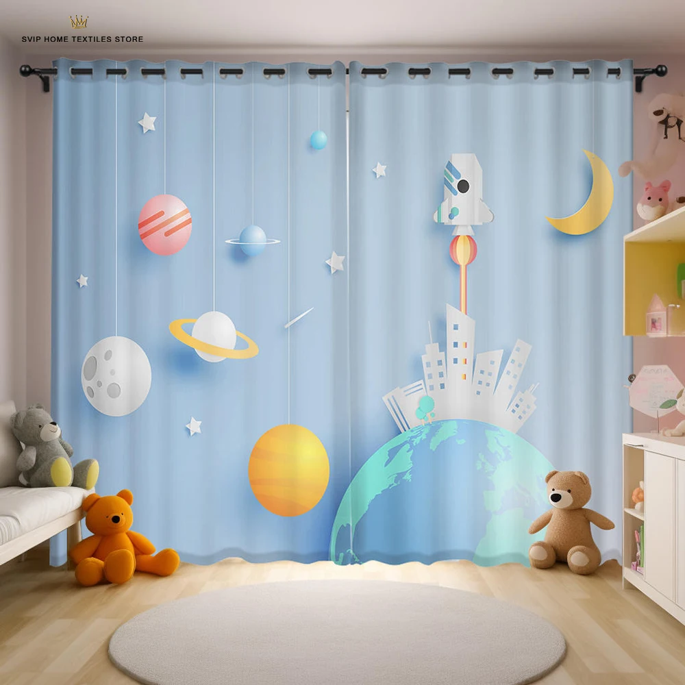 Cartoon Out Space Curtains for Kids, Galaxy Rocket for Baby Boys Bedroom, Children Astronaut Planet Starry Art Printed, Playroom