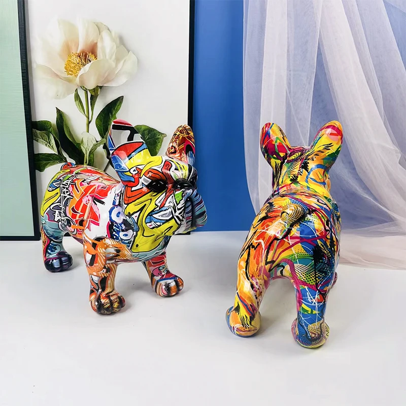 

Colorful French Bulldog Statue Nordic Graffiti Office Cabinet Ornaments Printing Resin Dog Animal Figurines Home Decor Crafts