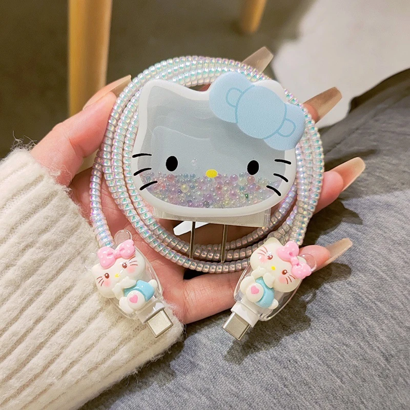 かわいいハローキティ充電器データケーブルケース電話用 20 ワット充電器ケース保護カバー巻線キットアンチブレイク保護