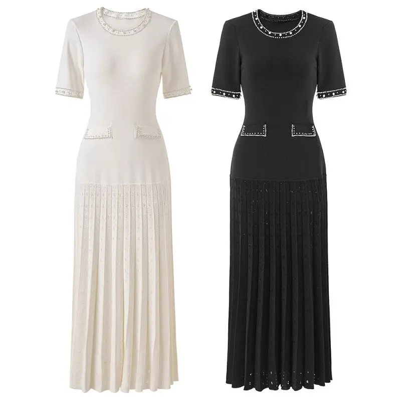 

Elegant Knitted Short Sleeve Dress Heavy Beading Small round Neck Waist Cinched French Style Casual Breathable Soft Fabric