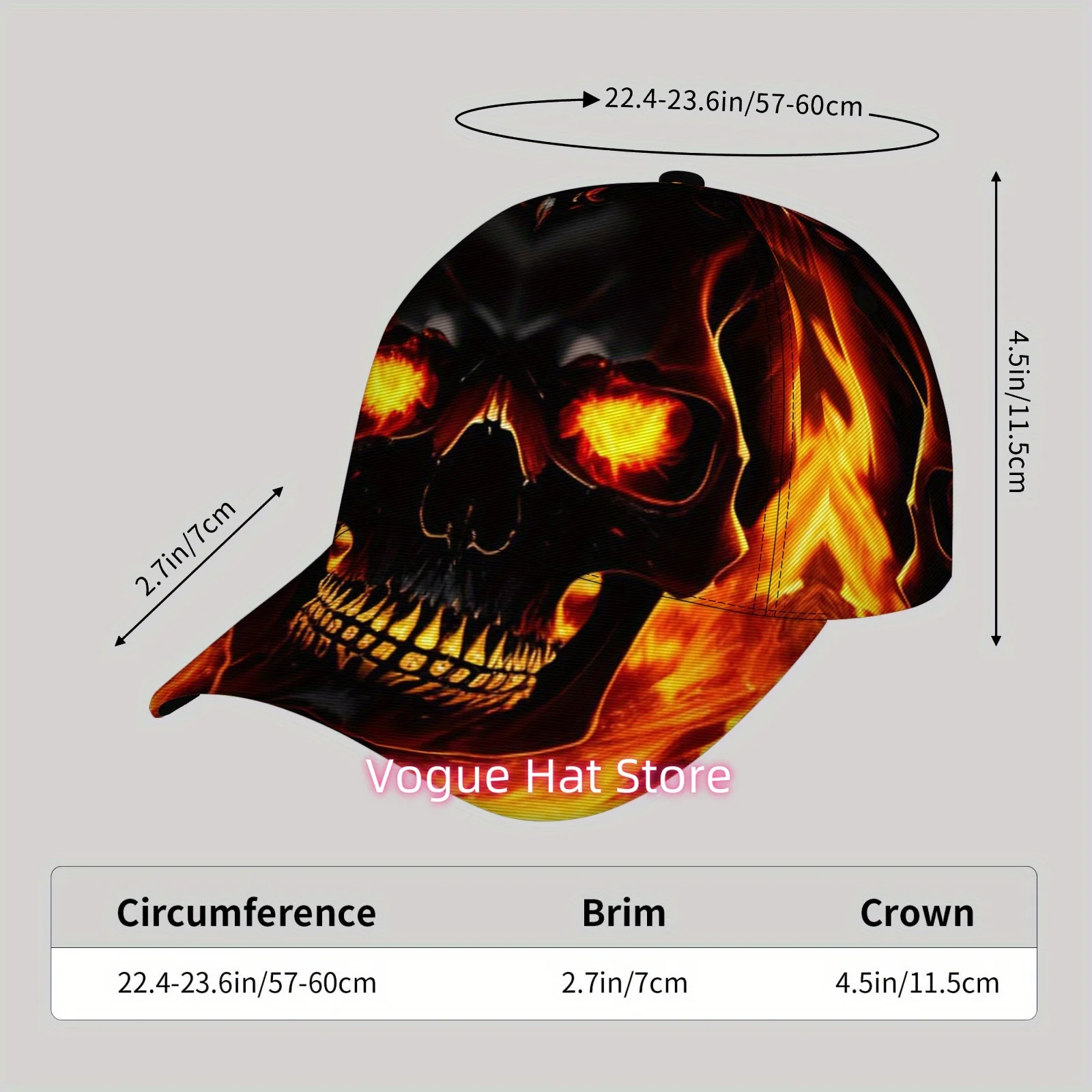 Fashionable and Lightweight Sun Hat, Cool Hip-hop Baseball Cap, Suitable for Beach, Flames burning the skull pattern