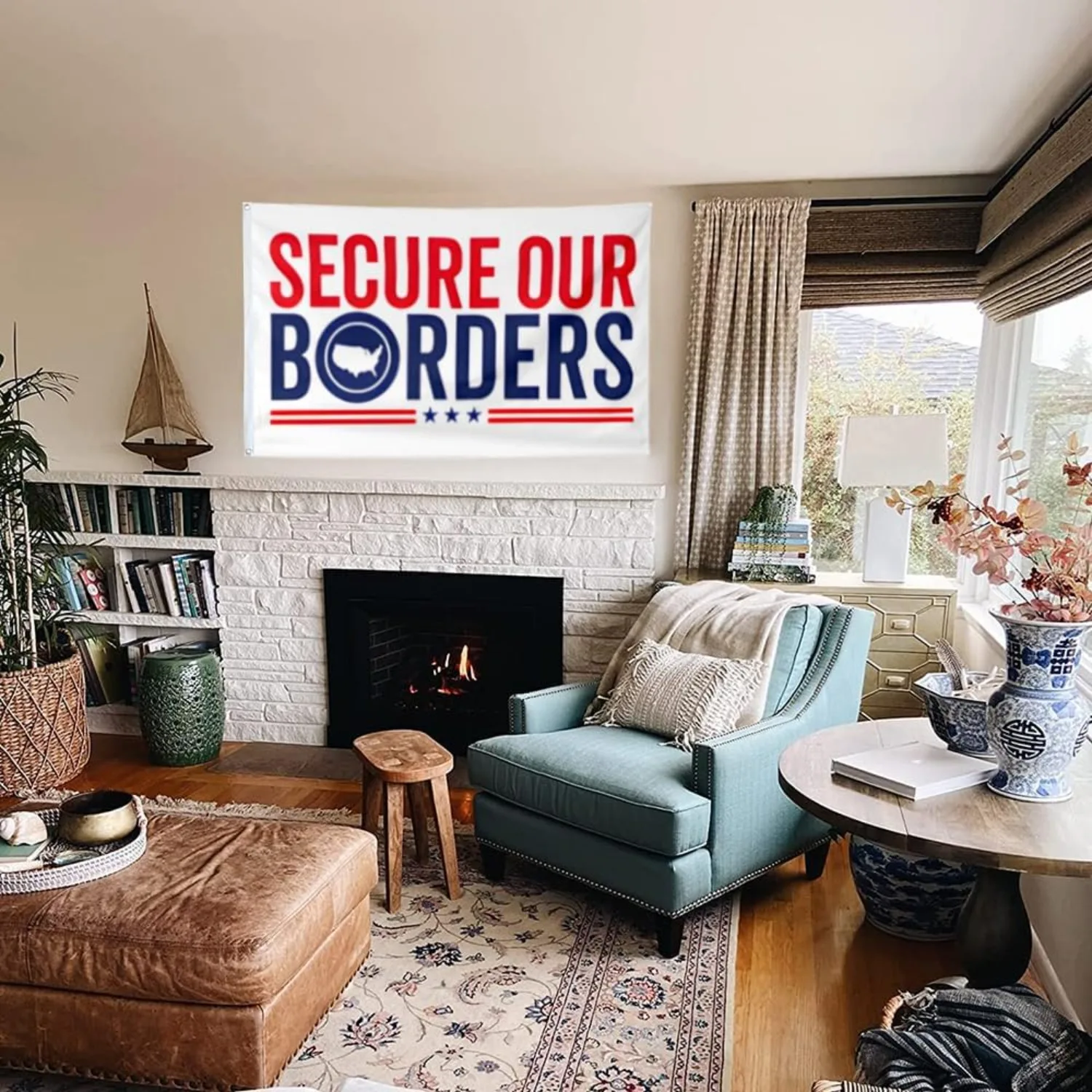 2D FLAT  1pc, "Defend The Border" Flag, 91.44x152.4 Cm, Indoor/outdoor Decorative Flag, Perfect for Outdoor & Indoor, Polyester