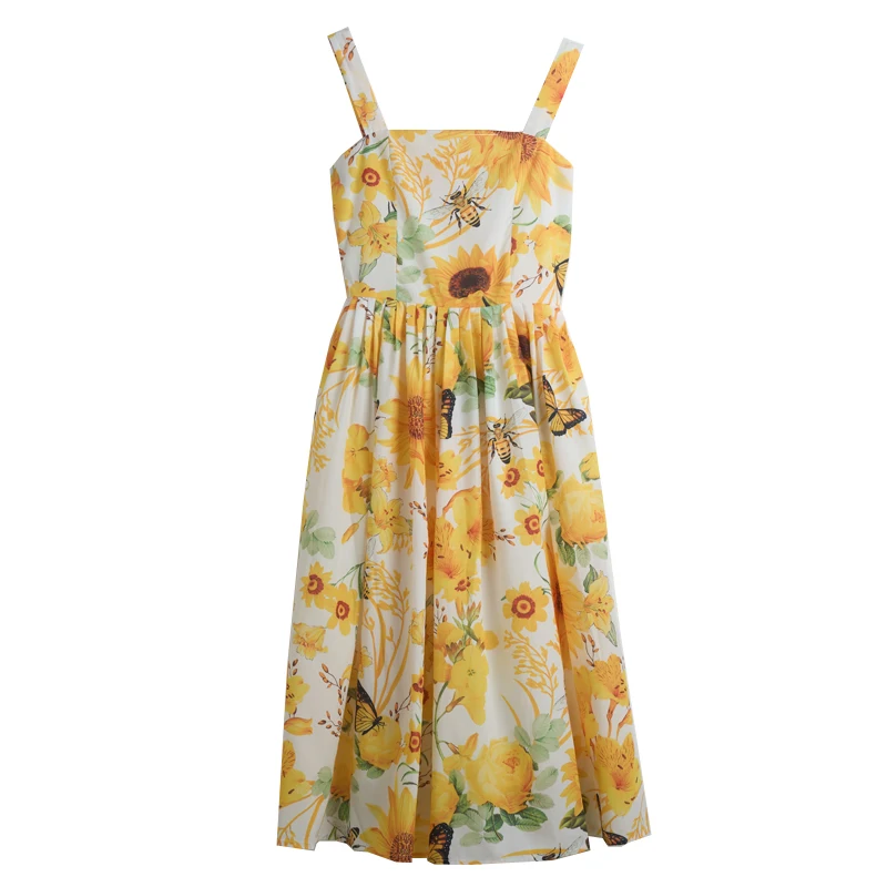 Vestido midi de verano de diseñador, sin mangas, con estampado floral, línea A, para vacaciones, con tirantes, para ir al tra...