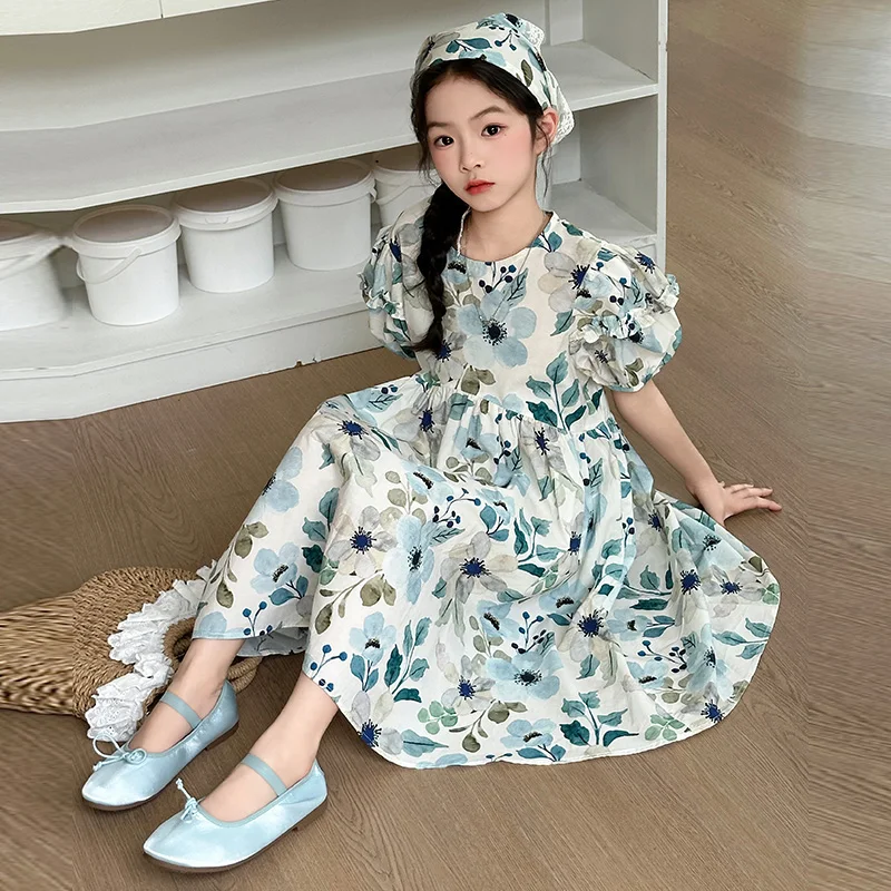 2025 high-quality Tencel cotton dress for girls summer short sleeved children's printed princess dress holiday gift skirt