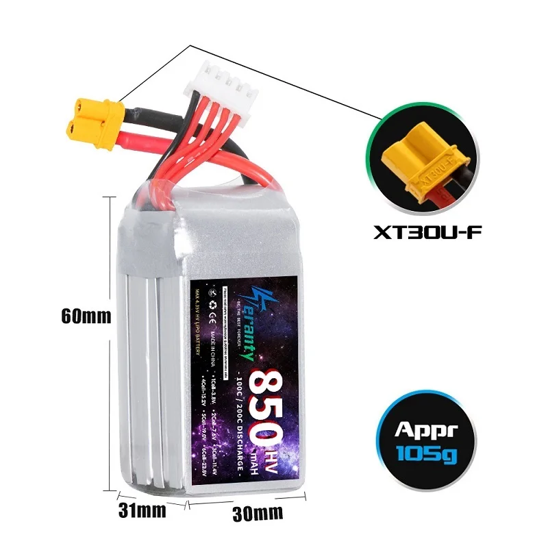 1 SZT. Bateria TERANTY HV 850mAh 2S 3S 4S 6S 7.6V 11.4V 15.2V 22.8V 100C LiHV Lipo do Drona RC Helikoptera FPV Toothpick — zdjęcie produktu 4