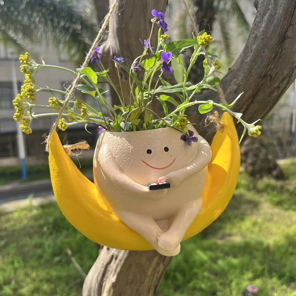 Cute Hanging Planter Pot Resin Hanging Swing Chair Planter Creative Smile Face Flower Container for Indoor Outdoor Plant Holder