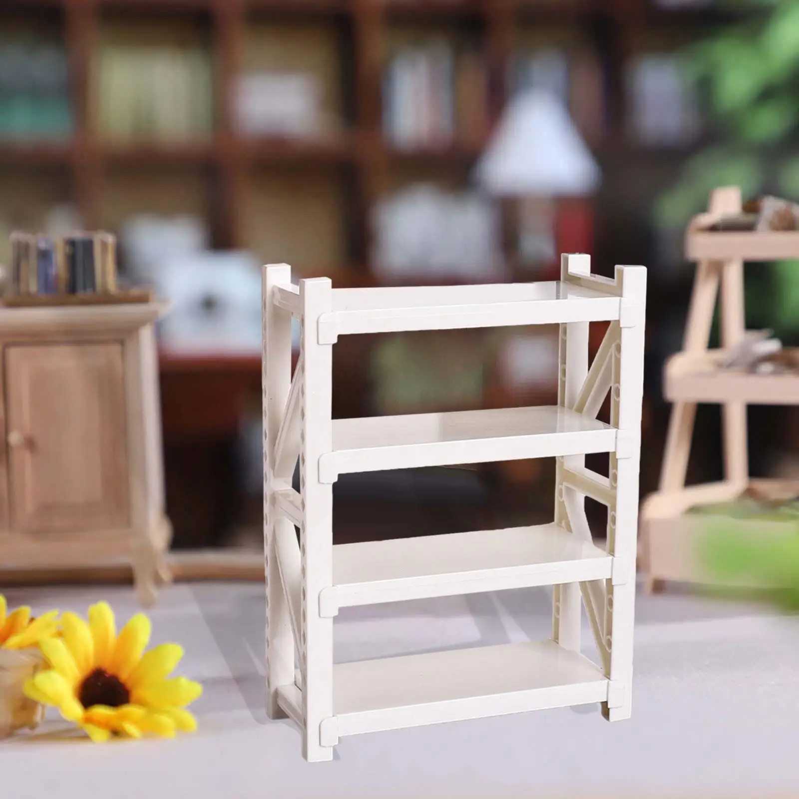 رف تخزين مصغر لبيت الدمى، خزانة كتب واقعية، رف تخزين متعدد الوظائف مكون من 4 طبقات لدراما المناظر الطبيعية الصغيرة #4