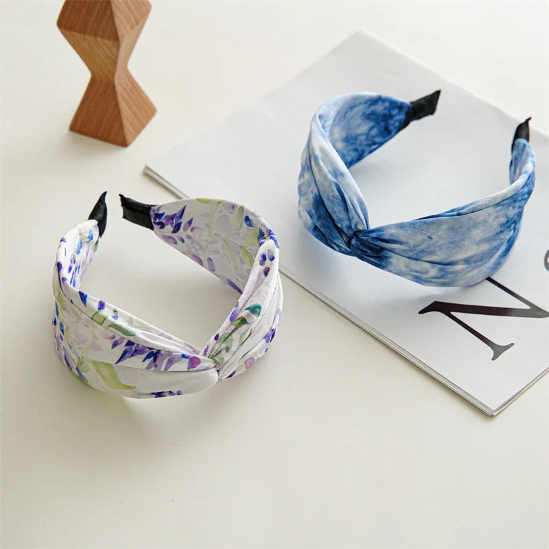 Summer New Retro High Cranio-Top Cross Headband Printed Fabrics Version Fashion Wide Edge Hair Hoop Hair Accessories