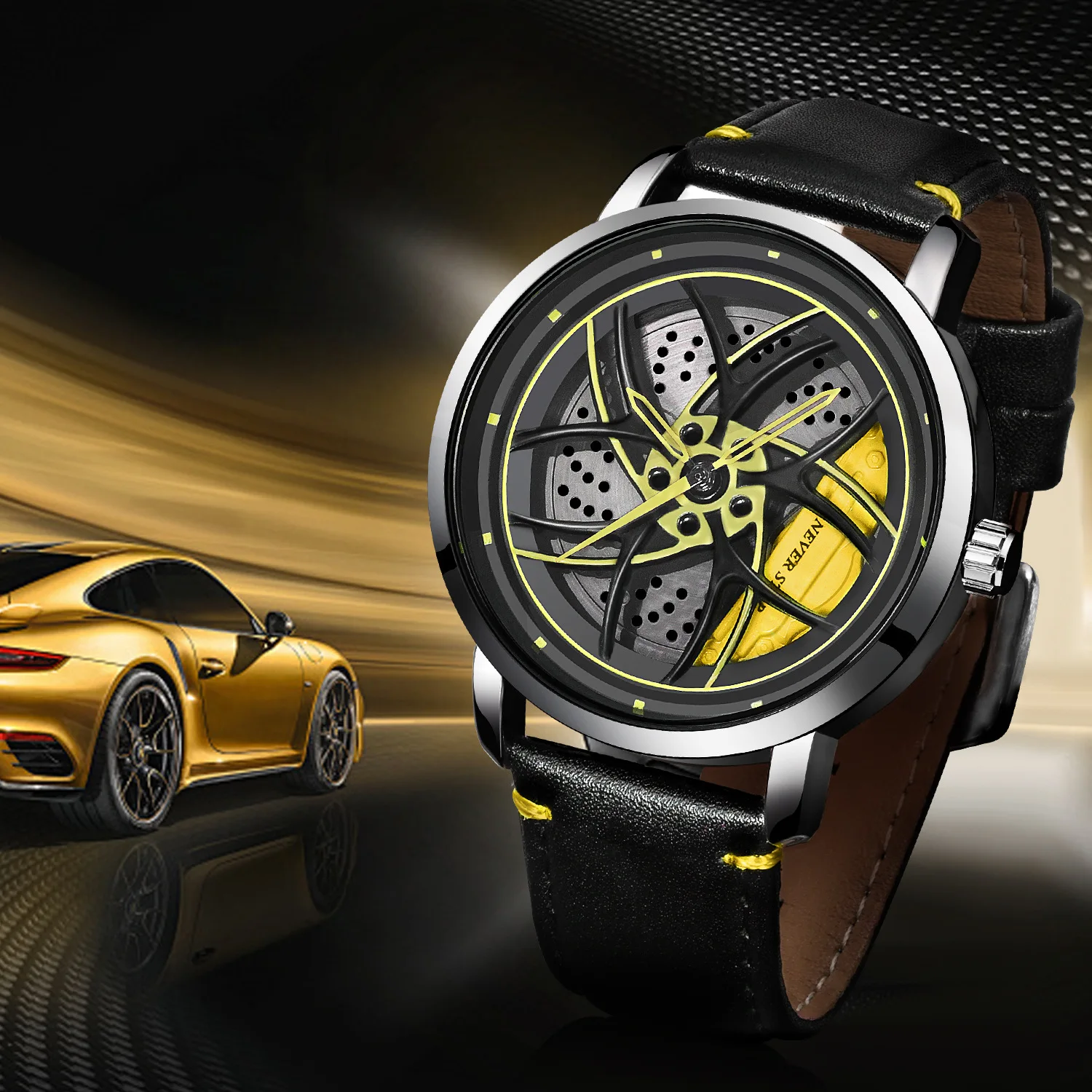 ساعة كوارتز بنمط رياضي للرجال مع حزام جلدي، قرص بتصميم عجلة قابل للدوران للمظهر المستوحى من السيارات