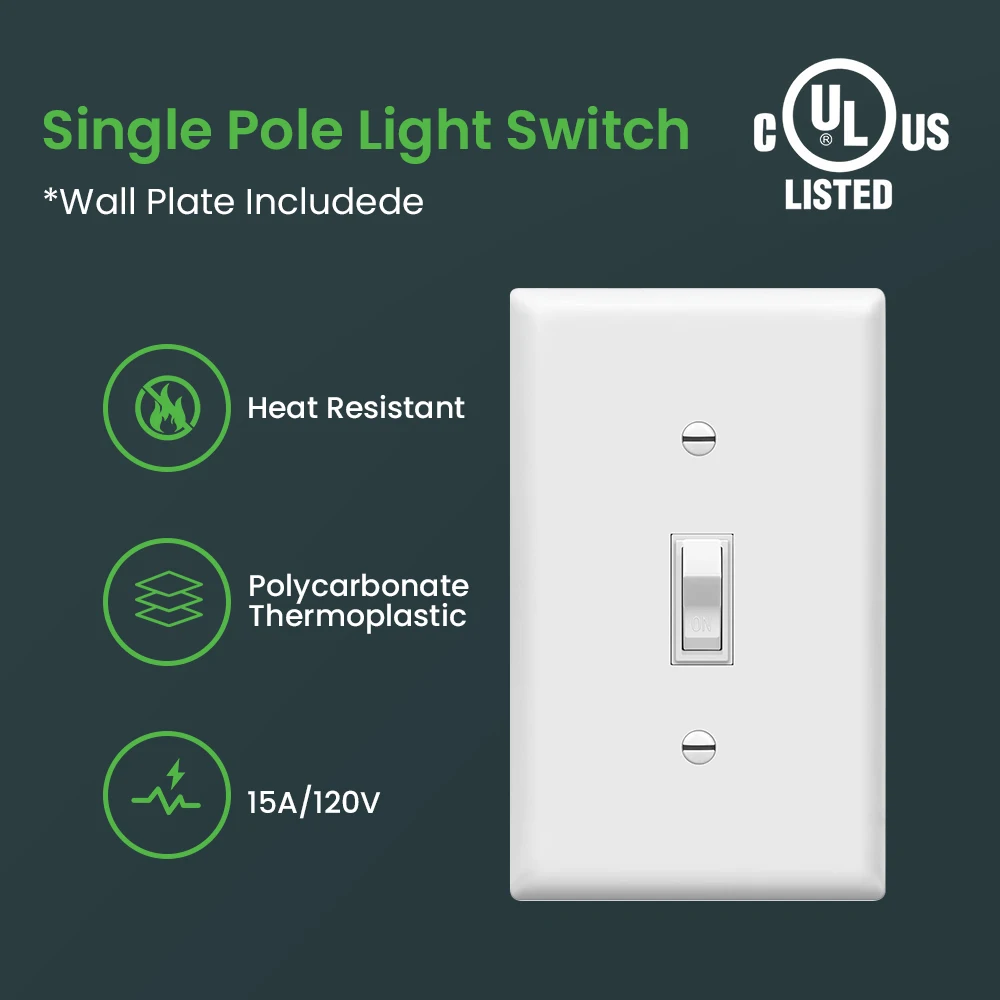 Single pole toggle switch, 15A 120V 60Hz, wall-mounted on/off switch with a PVC white faceplate