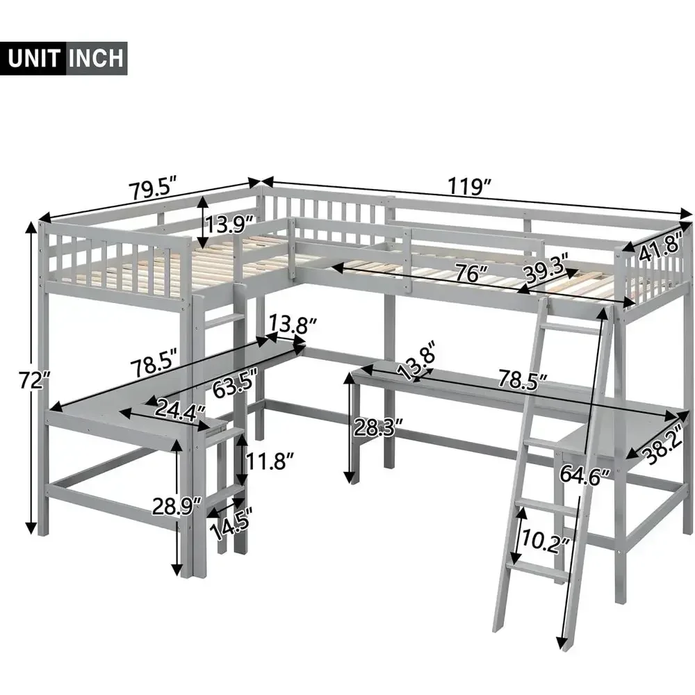 L-Shaped Twin Bed with Desk, Wood Double Loft Bed, 2 Ladders, Space-Saving, Noise-Free, Grey