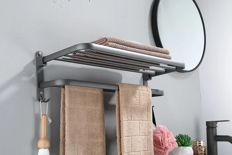 

Towel Rack 40 50 CM Folding Holder Hook Bathroom Accessories Wall Mount Rail Shower Hanger Aluminum Bar Black Shelf