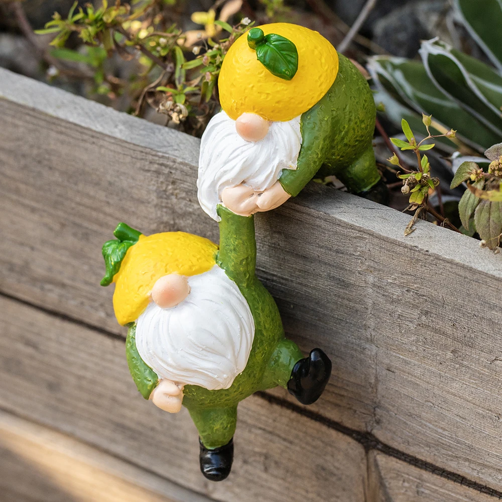 Pair Of Lemon Hat Dwarf Hanging Ornaments, Resin Pot Edge Gnome Statues For Garden Yard Decor