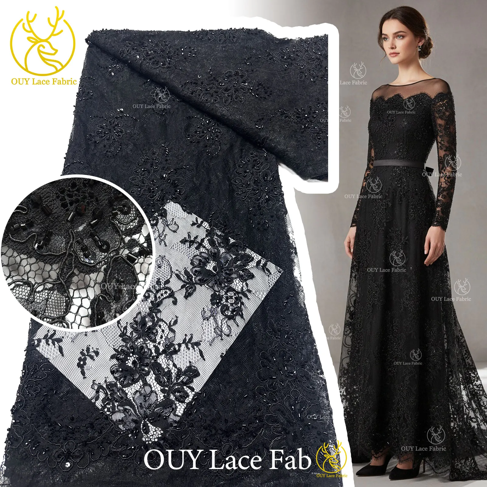 

2026 Black African Beaded Sequins French Tulle Lace Fabric High Quality Luxury For Women Wedding DIY Sewing Trim Dress 3 Meters