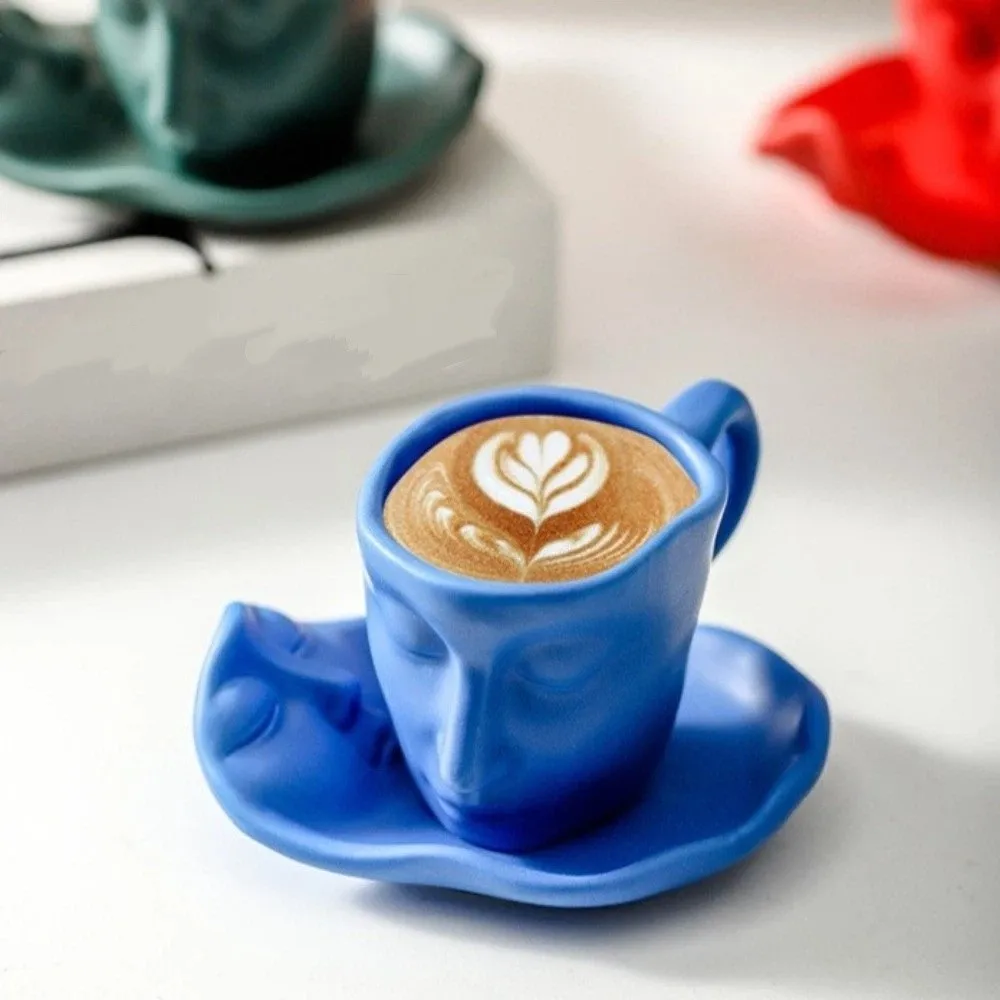 Decorative Face Shape Artistic Ceramic Mug With Tray European Style Coffee Cup Romantic Couple Mug Valentine Present