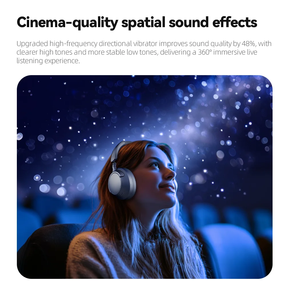 Casque d'écoute sans fil Bluetooth 42dB, suppression adaptative du bruit, 30ms, Mode jeu, Audio spatial, Bluetooth 6.0, sur l'oreille