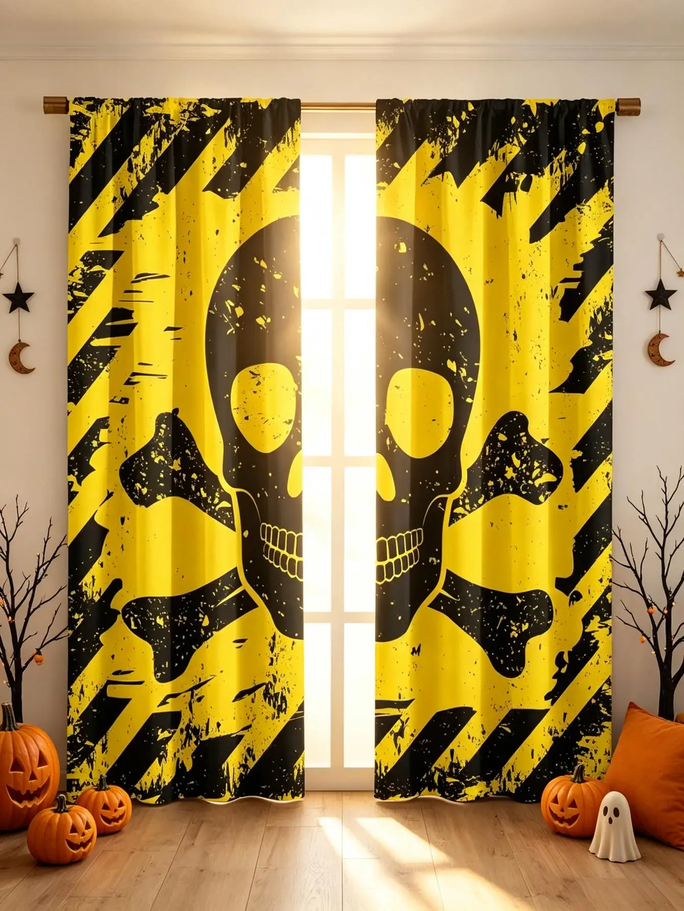 2PCS Digital Print Curtain, Yellow Black Skull Gothic Bold, Punk Rock High Contrast for Living Room Bedroom Kitchen Decor