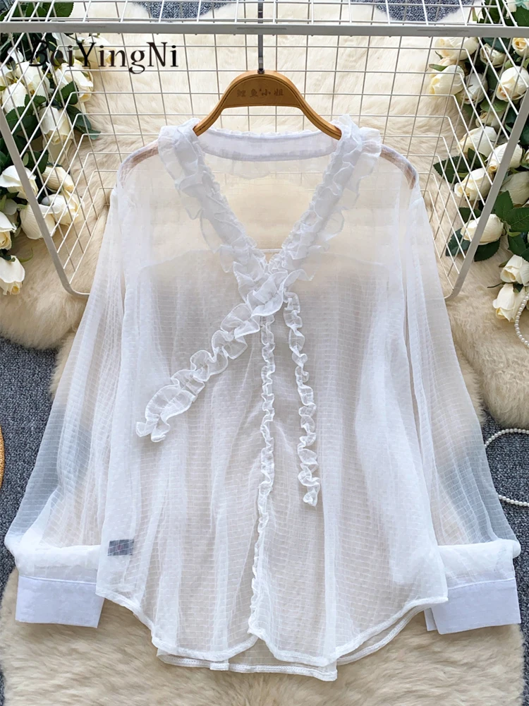 

Beiyingni Autumn 2025 Thin Blouses Women Edible Tree Fungus Loose Perspective Casual Female Shirts Full Sleeve Chiffon OL Blusas