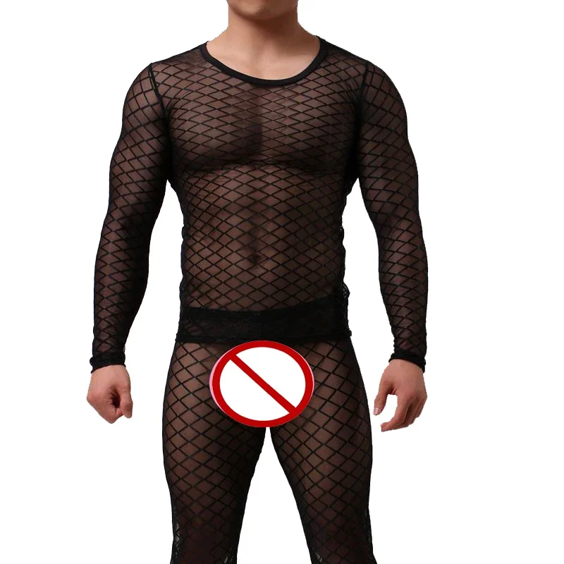 

Men's Sexy Mesh Transparent Sleepwear, Long Sleeve Exotic Grid Fishnet Sheer Thin Stretch Sleep Tops Undershirt