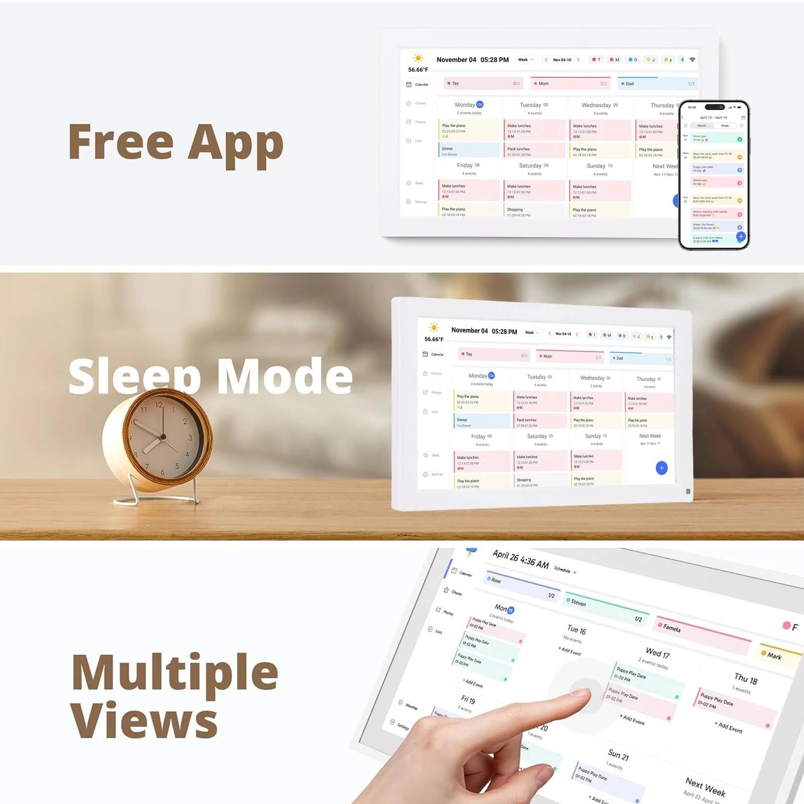 スマートデジタル家事表カレンダー 15.6インチFHDタッチスクリーン 壁掛け/卓上両用 Wi-Fi同期＆デジタルフォトフレーム機能付き