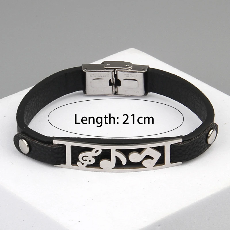 2024  Jewelry Titanium Steel Weave Cuff Bracelet Men Vintage Stainless Steel Musical symbol Leather Bracelet Pulseras