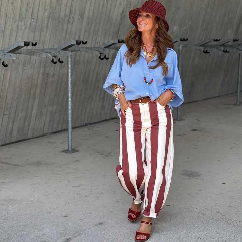 HXAO Denim Striped Pants Women's High-waisted Jeans Vintage Red White Wide Leg Long Trousers Baggy Casual Streetwear Bottoms