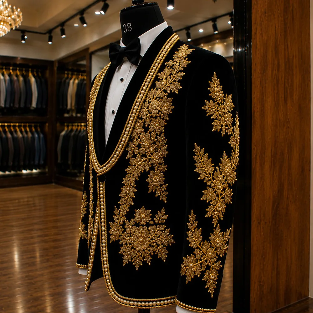 Luxury Gold Crystal 2 Pieces Men's Suits Double Breasted Black Suits Tuxedo Blazer for Wedding Groom Business Dinner Party Suits