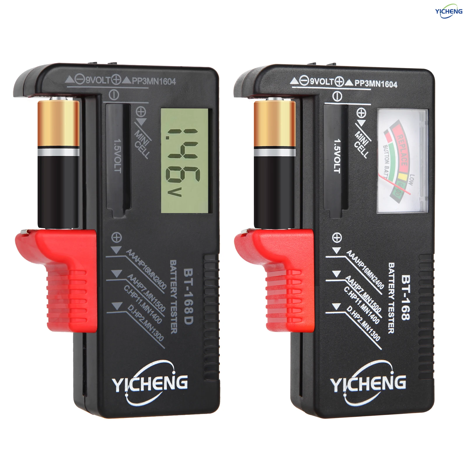 

YICHENG (2 Pcs) Battery Tester, Universal Battery Checker for AA / AAA / C / D / 9V / 1.5V Button Cell Batteries,BT-168/BT-168D