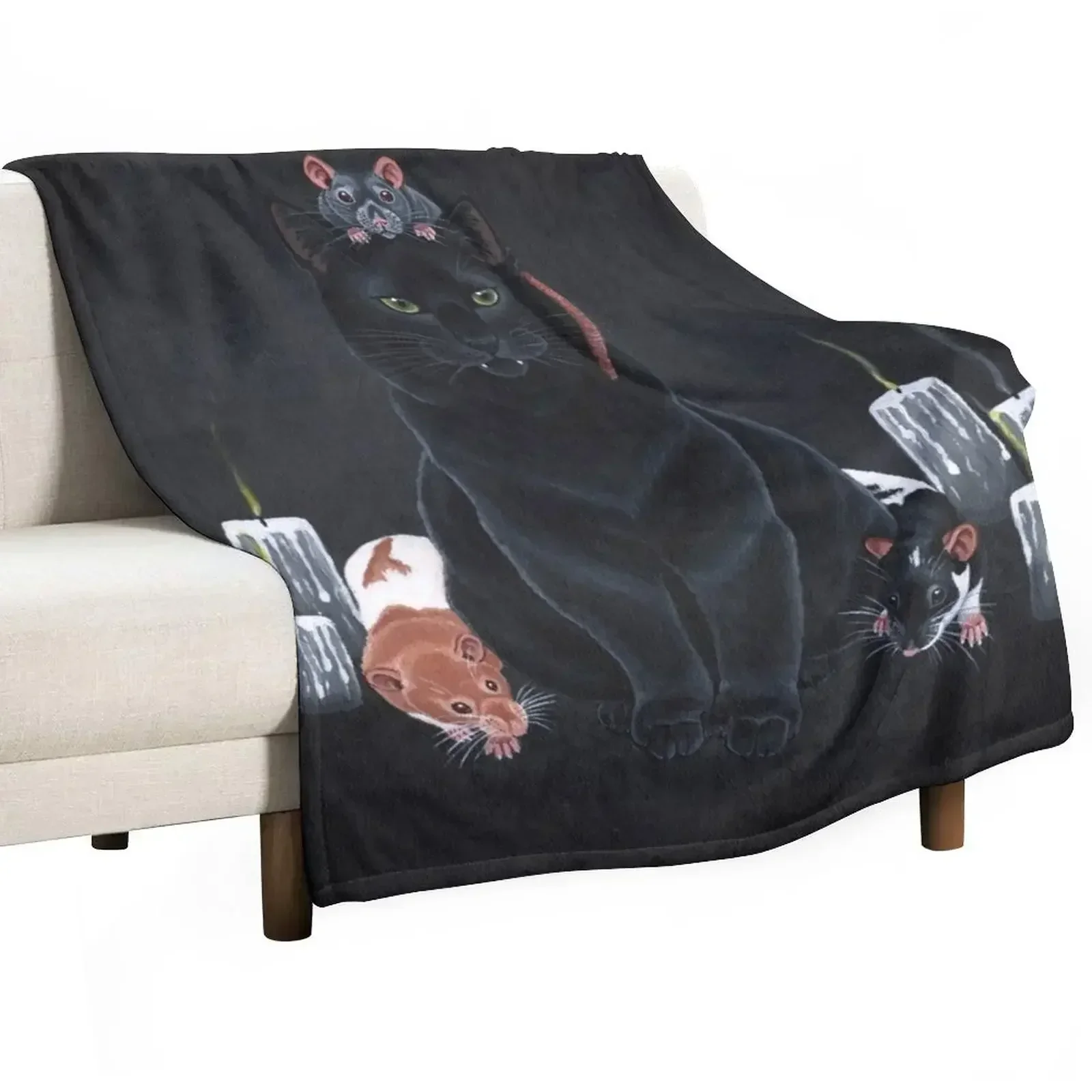 Black Cat and Fancy Rats Throw Blanket Personalized Gift Heavy Beach Stuffeds Weighted Picnic Blankets