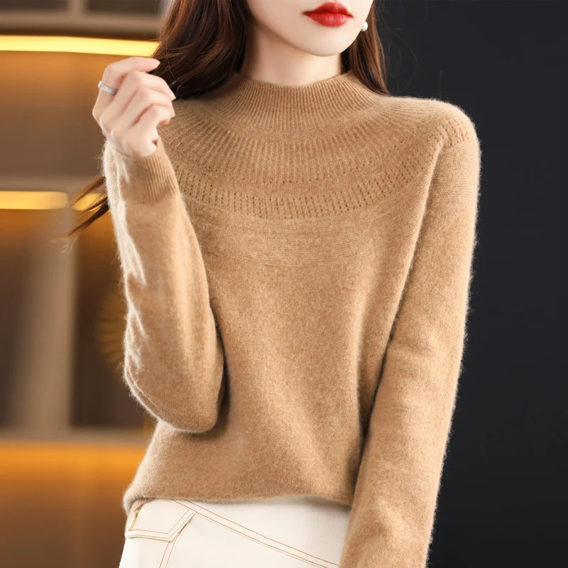 100% Wool Cashmere Sweater Elegant Loose Set Head Women\'s Half High Neck Hollow Sweater Autumn And Winter New Warm Knitted