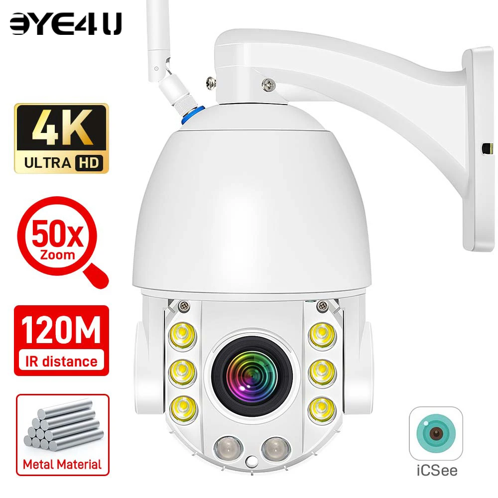 4K 8MP WiFi Security Camera Outdoor 50X Zoom 120M IR Distance PTZ Video IP Cam Auto Tracking Metal Shell Waterproof Surveillance