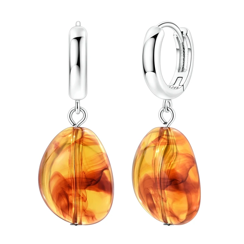 925 Sterling Silver Earrings Minimalist Amber Bead Drop Dangle Earrings Vintage Retro Daily Wear Women Ear Jewelry Wholesale
