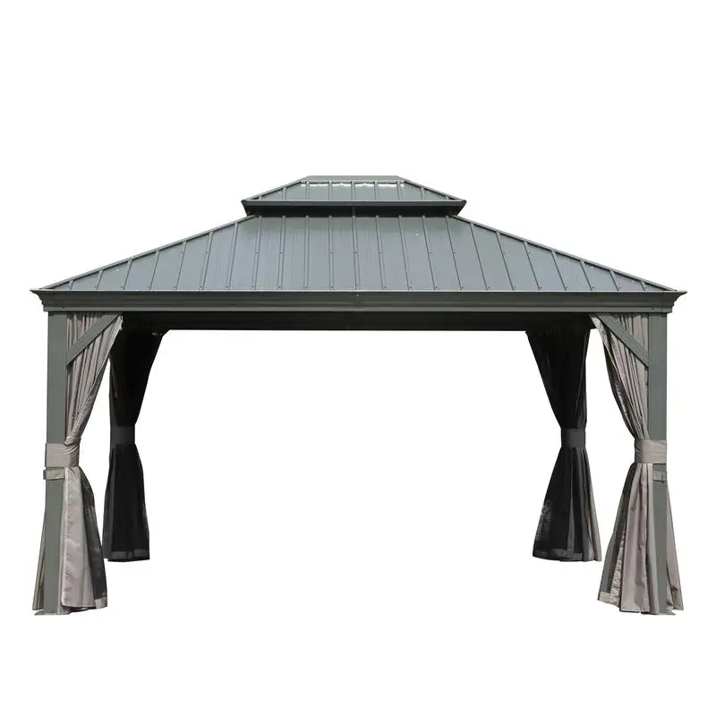 

10' x 12' Outdoor Hardtop Gazebo with Galvanized Steel Double Roof Canopy and Aluminum Frame, Includes Curtains and Netting for