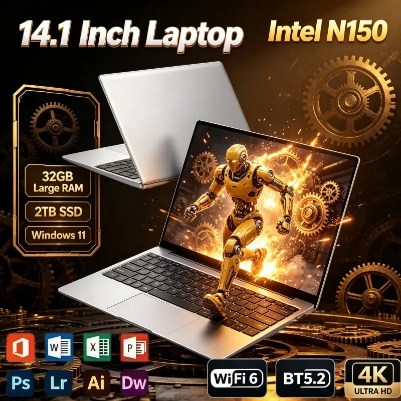 14.1 Inch Portable Laptop Intel N150 32GB RAM 2TB SSD Windows 11 Office For Business Trip Gaming Home School Daily Notebook PC