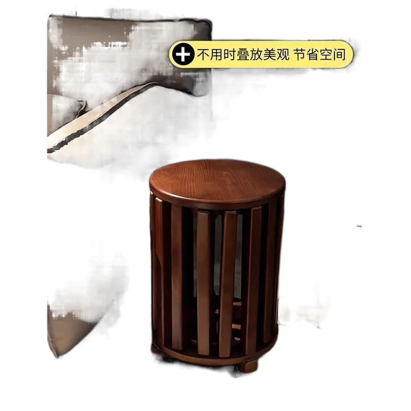 Solid Wood Stackable Round Stool Set Foldable Chair with Wheels for Coffee Table Dining Room Extra Seat