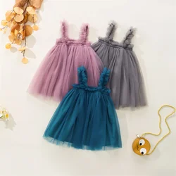 Korean version of children's clothing, summer girls' dress, new mesh red sweet style, solid color suspender, mesh princess dress