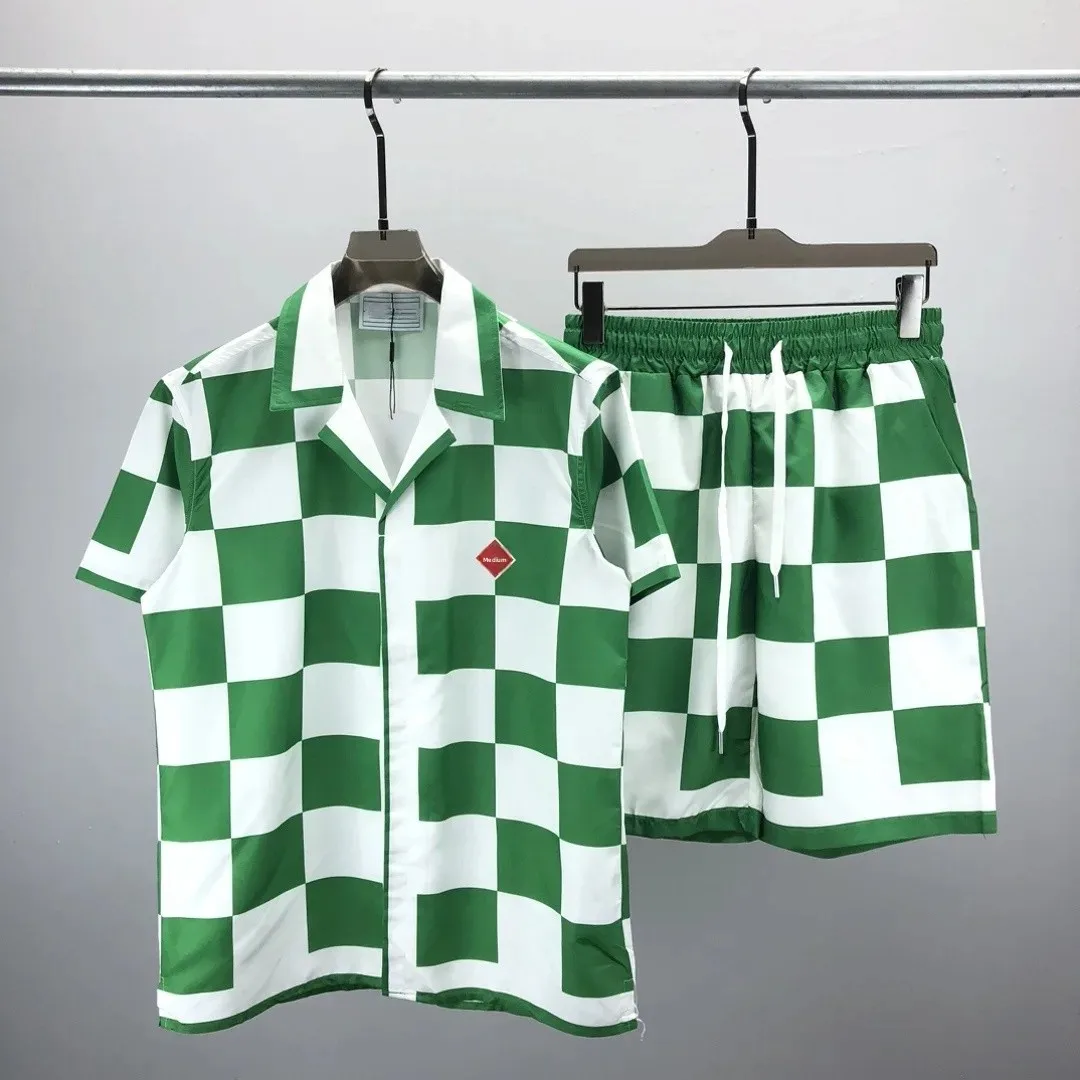 Summer New Men's Checkered Shirt Set Hawaiian Shirt Beach Short Sleeve Set Men Clothing Contrast Color Casual Stitch Shirt Suit