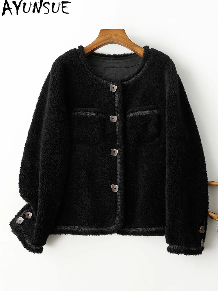 AYUNSUE 100% Naturalna Wełna Damska Kurtka 2025 Jesień Zima Elegancka Kurtka z Jagnięcym Futrem Odzież Damska Wysokiej Jakości Abrigo Mujer