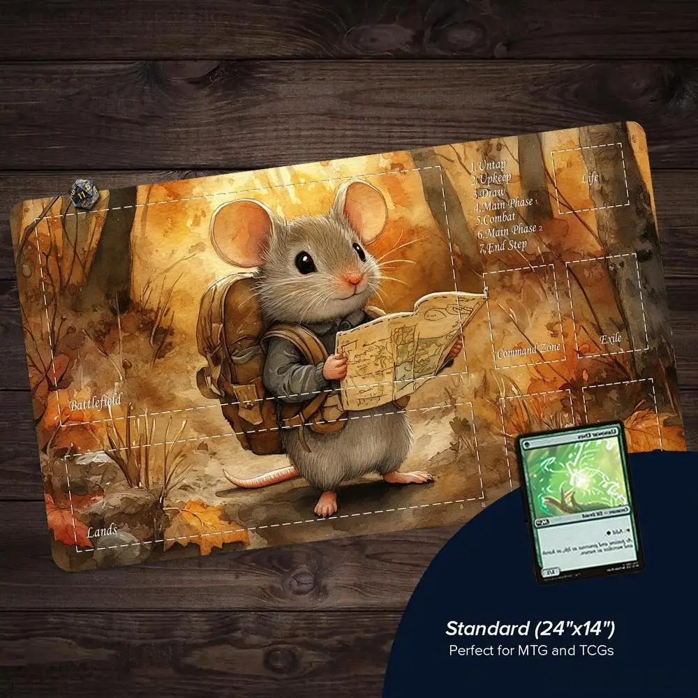Niedliche Cartoon-Ratten-Abenteurer MTG-Spielmatte, Magic-Kartenmatte mit genähtem Rand, rutschfeste, langlebige Tischunterlage, Brettspielmatte für TCG