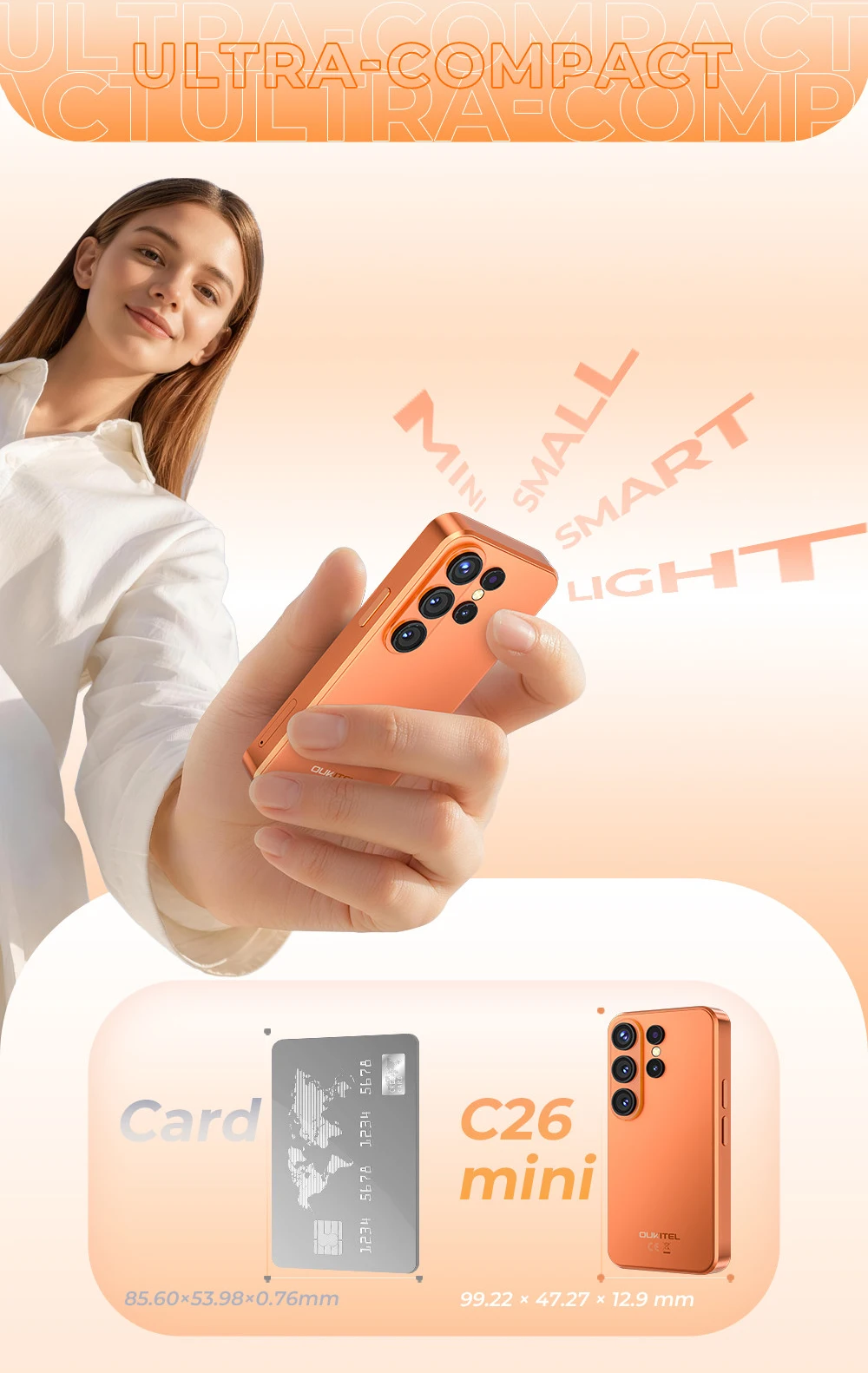 OUKITEL C26 Mini Smartphone, Ultra Compact 4" Mini Display, Up to 12GB RAM (3+9) +32GB ROM, Massive 2300mAh Battery, Android 16, Gemini AI, Small Pocket Mini Mobile Phone, Stay Light Stay Connected