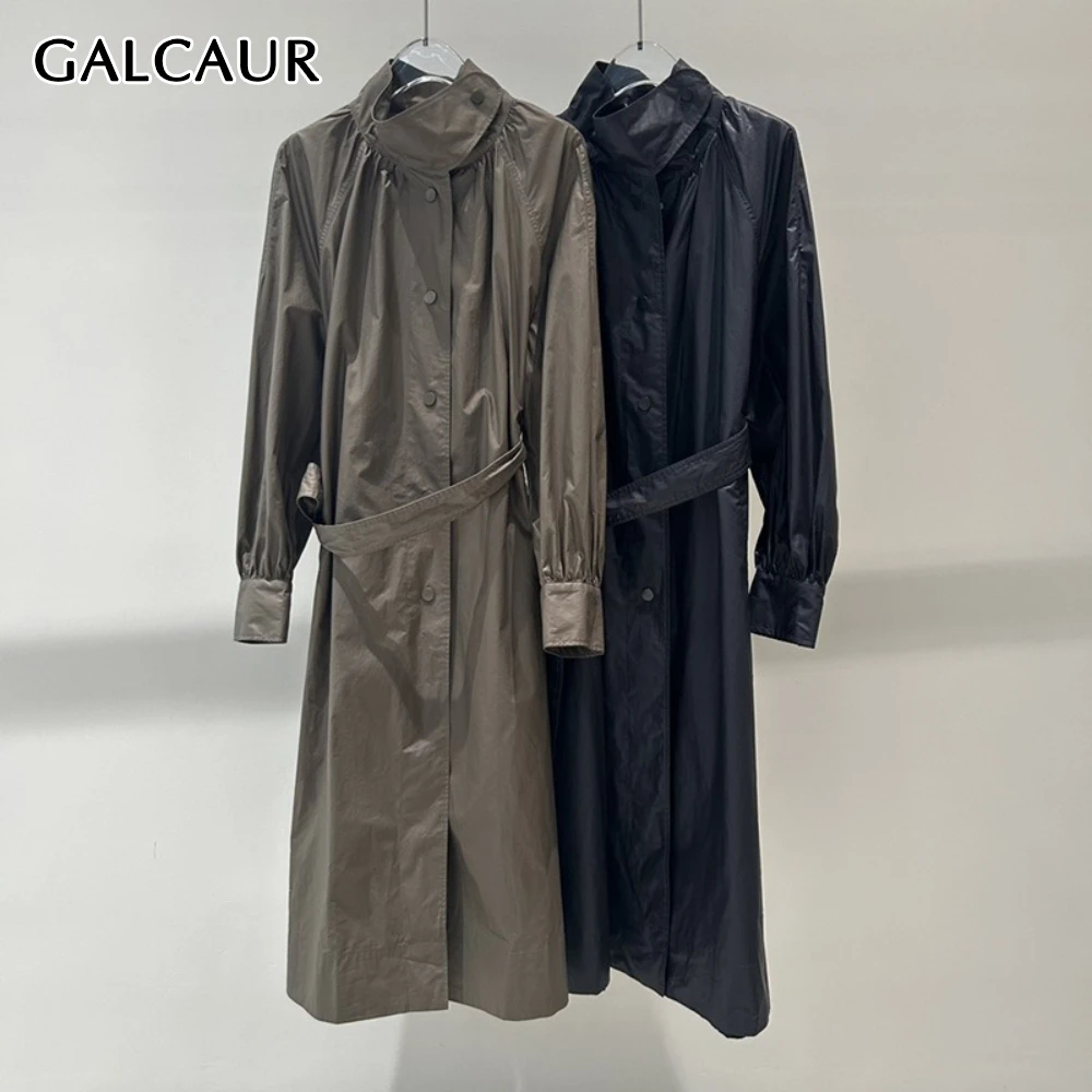 

GALCAUR Solid Spliced Sashes Trench Female Turtleneck Long Sleeve Loose Design Minimalist Women's Trenchs Autumn Style Fashion