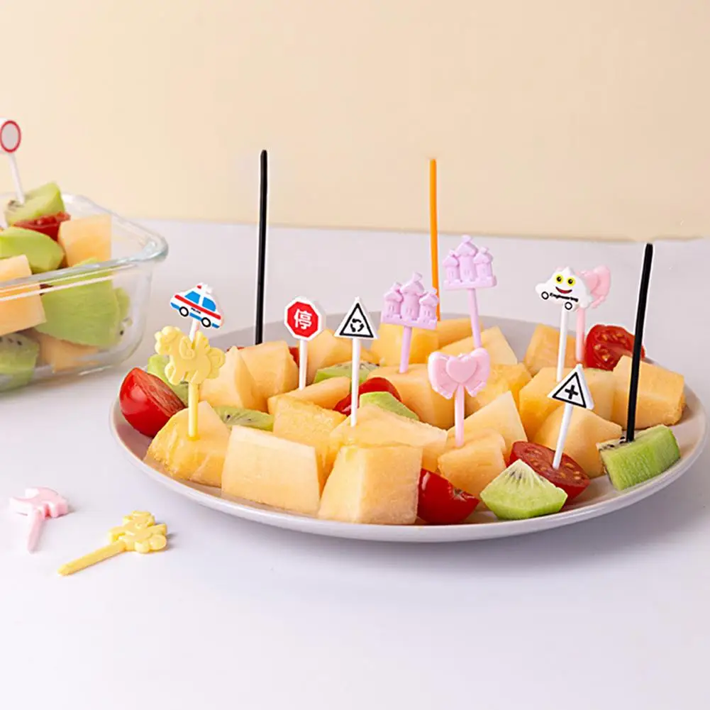 6/8/10 Pcs Fruit Fork Cartoon Traffic Sign Car Castle Cake Fork Snack Cake Dessert Food Pick Toothpick For Bento Dining Room