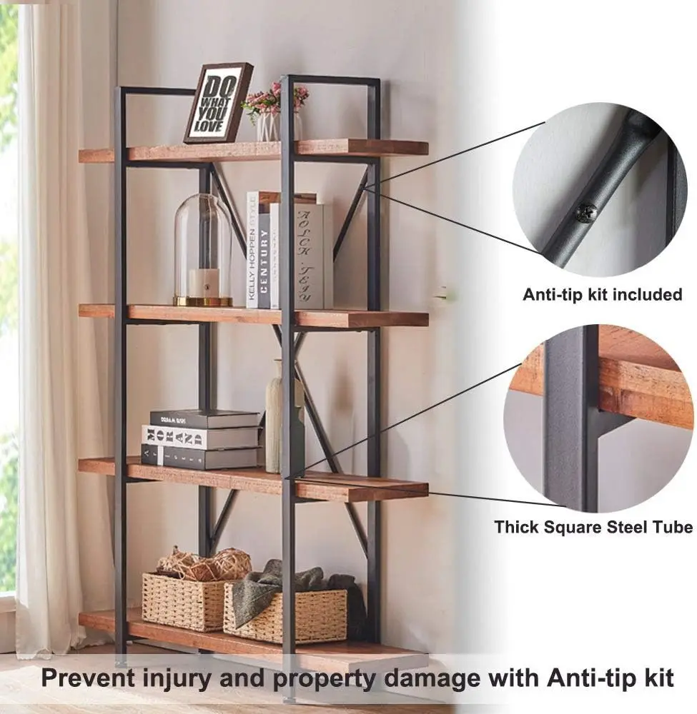 Hsh 4 Tier natürliches Echtholz Bücherregal, 4 Regal rustikale Massivholz und Metall Bücherregal, Bauernhaus offen Vintage Industrie