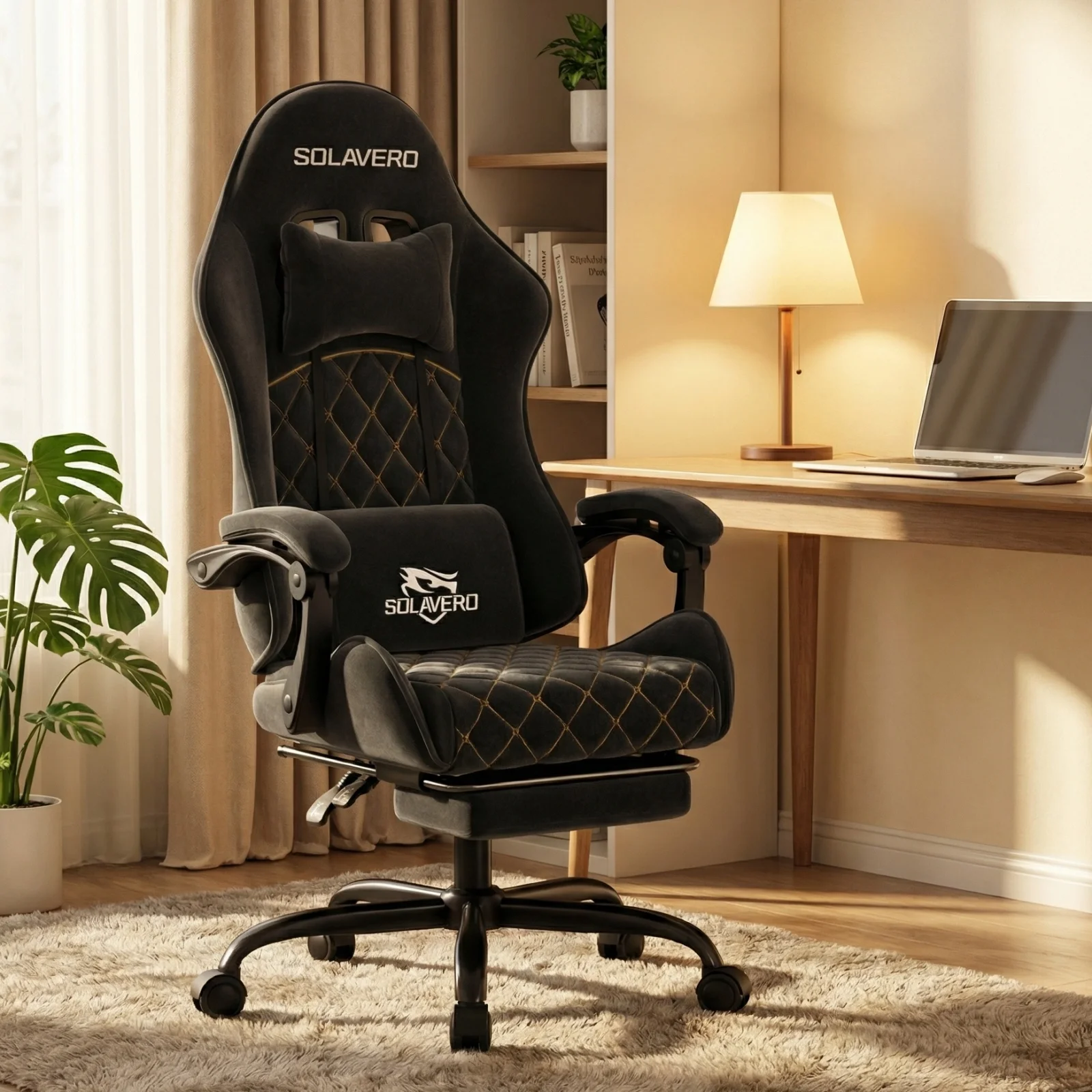 Cadeira de Massagem para Jogos, Cadeira de Escritório para Computador com Tecido Confortável, Cadeira de Jogo Ajustável em Altura com Rotação 360° ° Assento Giratório e Apoio de Cabeça