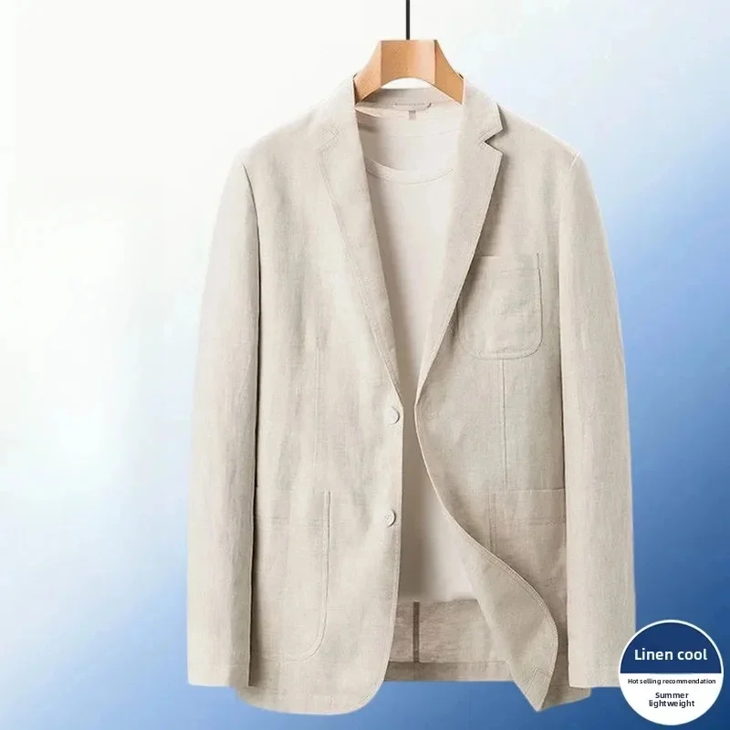 Spring Summer Men Linen Look Single Breasted Blazer Jacket, Thin Breathable Business Office Daily Casual Suit Coat