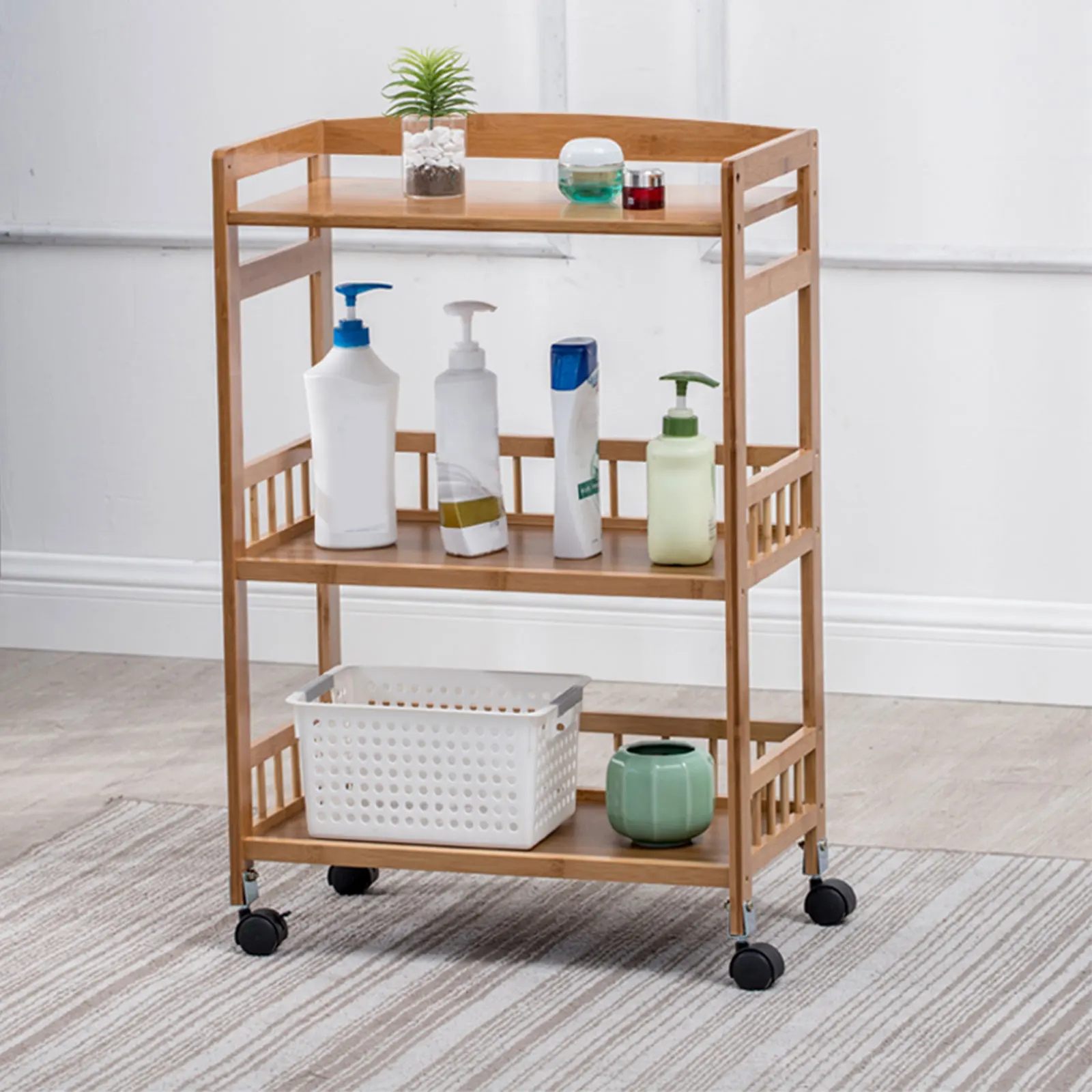 

3 Tier Mobile Kitchen Rolling Serving Cart Floor Standing Wood Color Home Salon Cart with 4 easy roll caster wheels