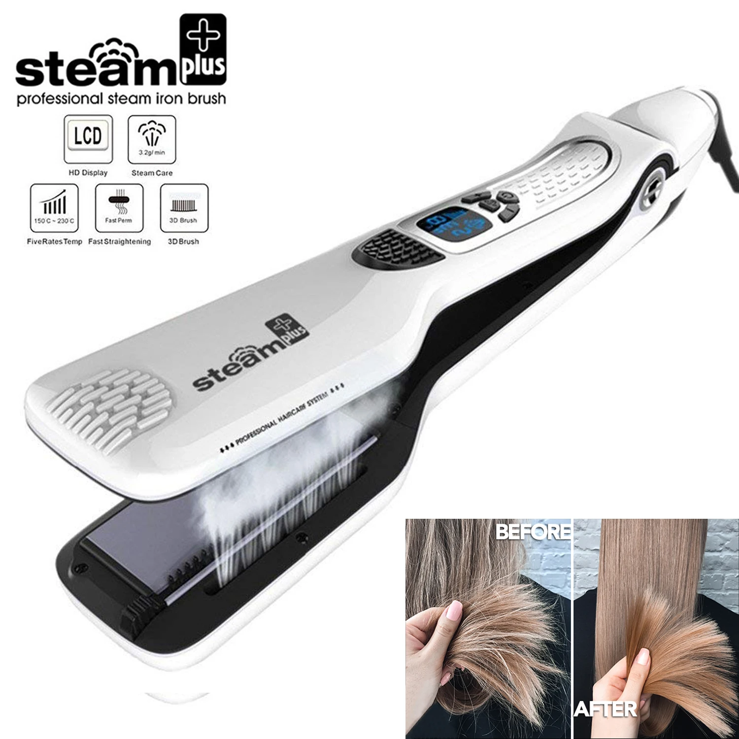 Steam Ceramic Flat Iron Hair Straightener Brush Professional Hair Straightening Iron Comb Electric Hair Crimper Heating Comb